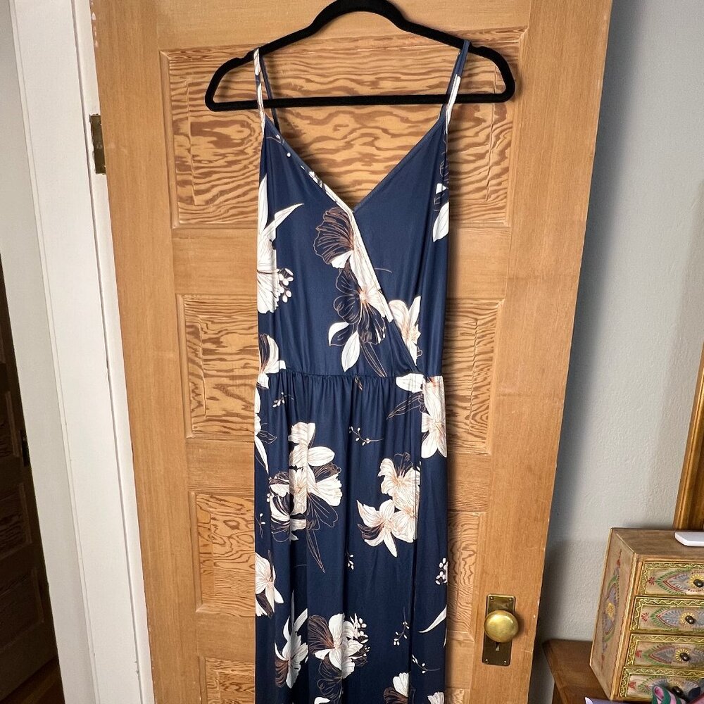 Navy Floral Maxi Dress XXL | Boho Wrap Style w/ Adjustable Straps | Flowy Summer